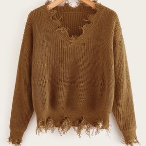 V-Neck Ribbed Knit Raw Hem Sweater